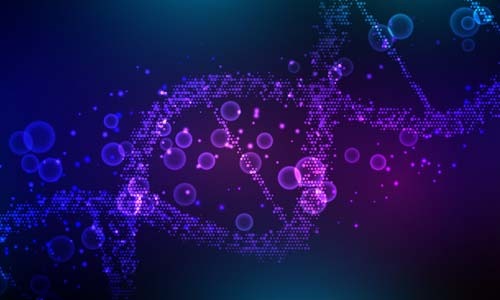 Abstract digital illustration of DNA strands with glowing molecular patterns symbolizing genetics, longevity, and cellular health.