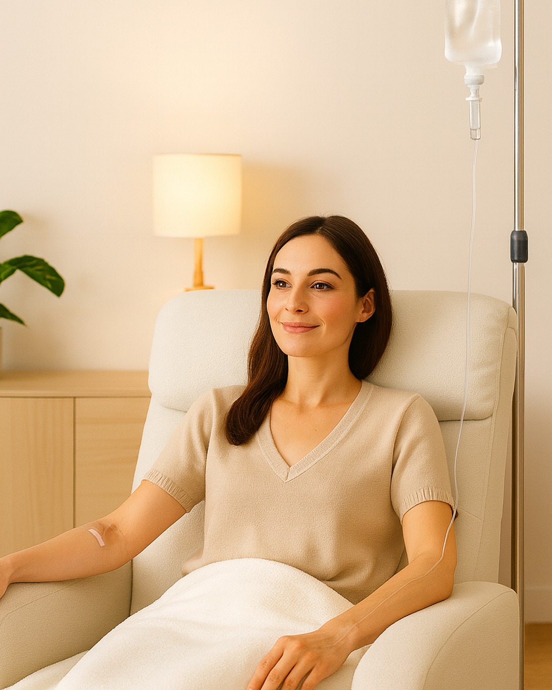 A relaxed woman receiving IV therapy in a modern wellness clinic lounge, sitting comfortably in a beige recliner with a soft blanket, beside an IV drip stand and warm ambient lighting — representing calm, hydration, and wellness treatment at Nimativ Wellness Clinic.