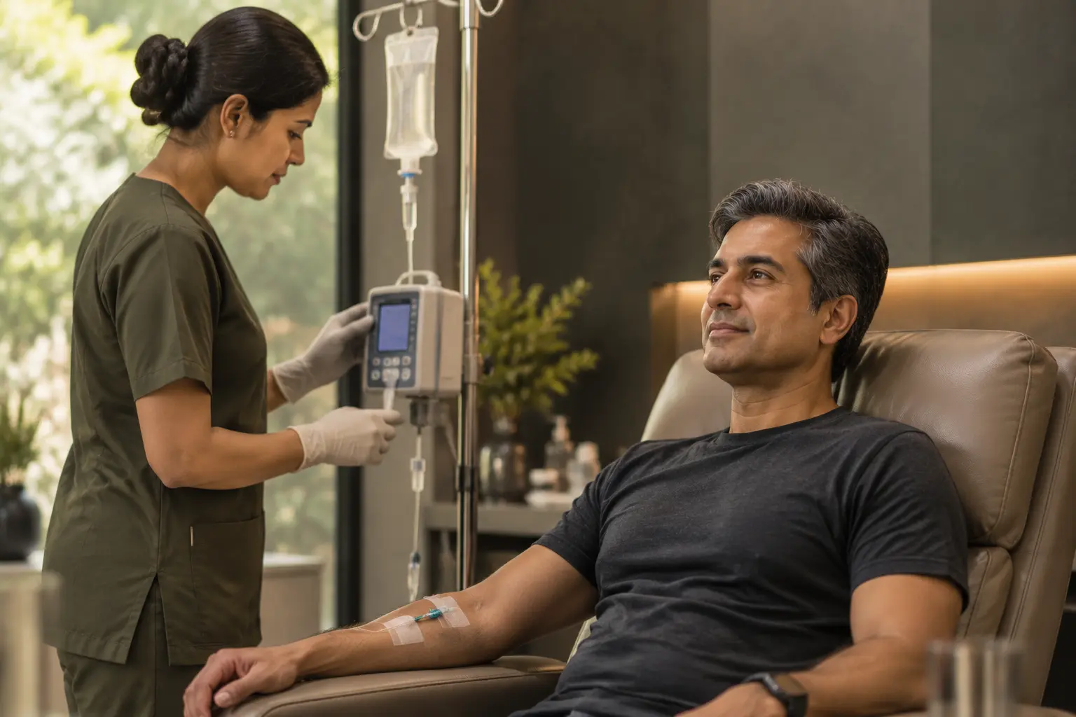 Clinician monitoring an IV infusion for a seated patient in a modern clinic