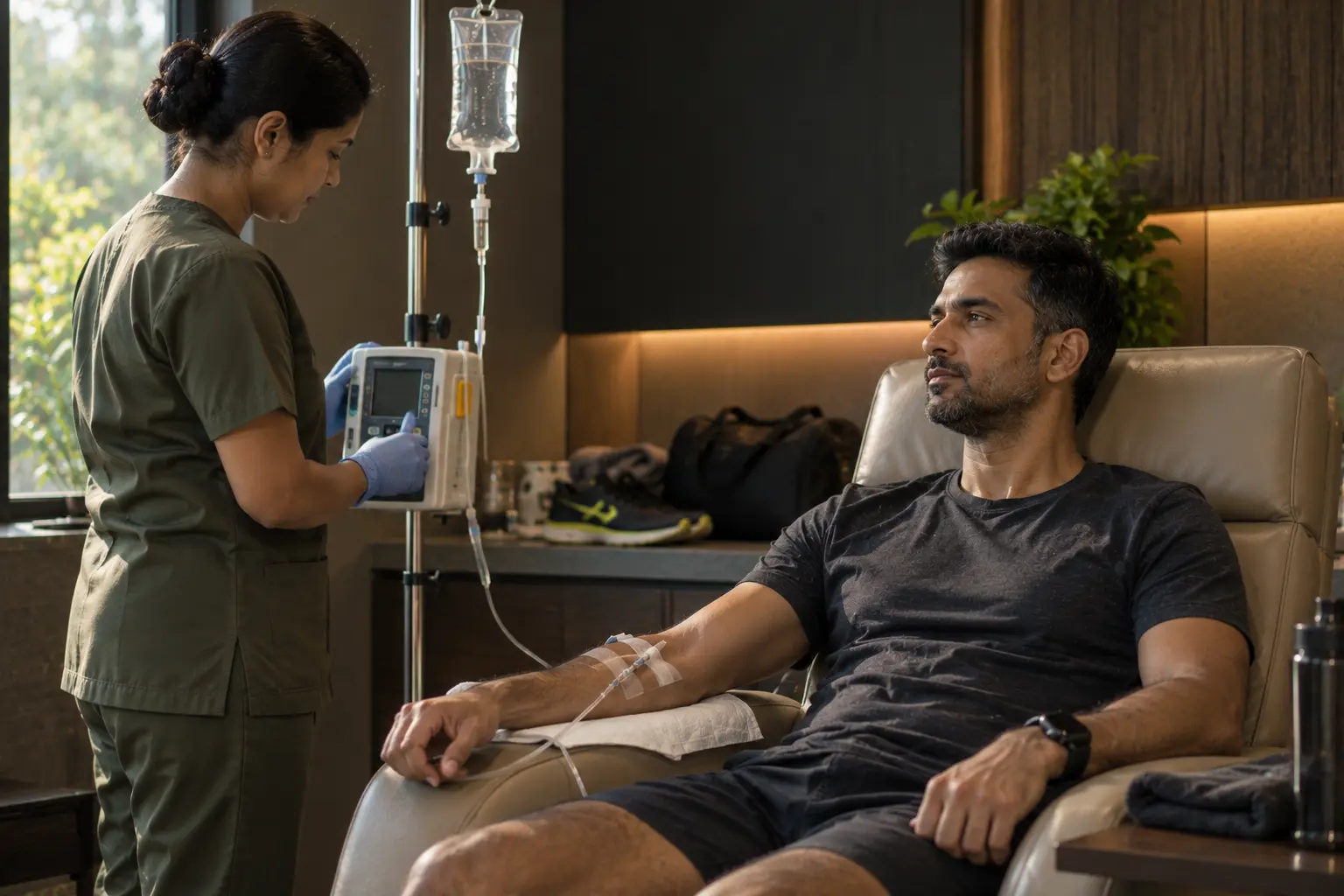 Athlete resting in a clinical recovery lounge while a clinician monitors an IV infusion