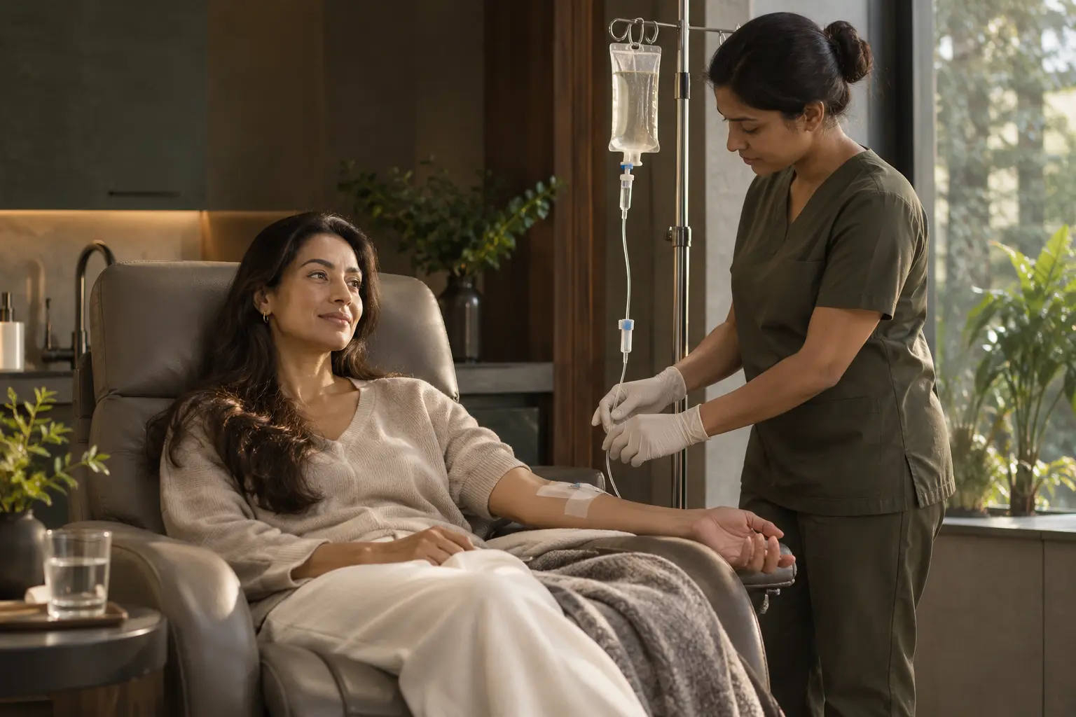 Patient receiving a supervised IV infusion in a calm treatment lounge