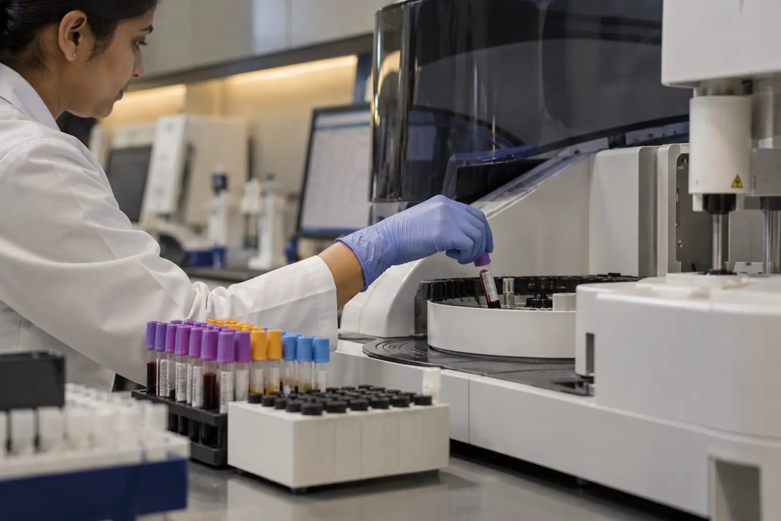 Laboratory technician handling a blood sample beside an automated clinical analyzer