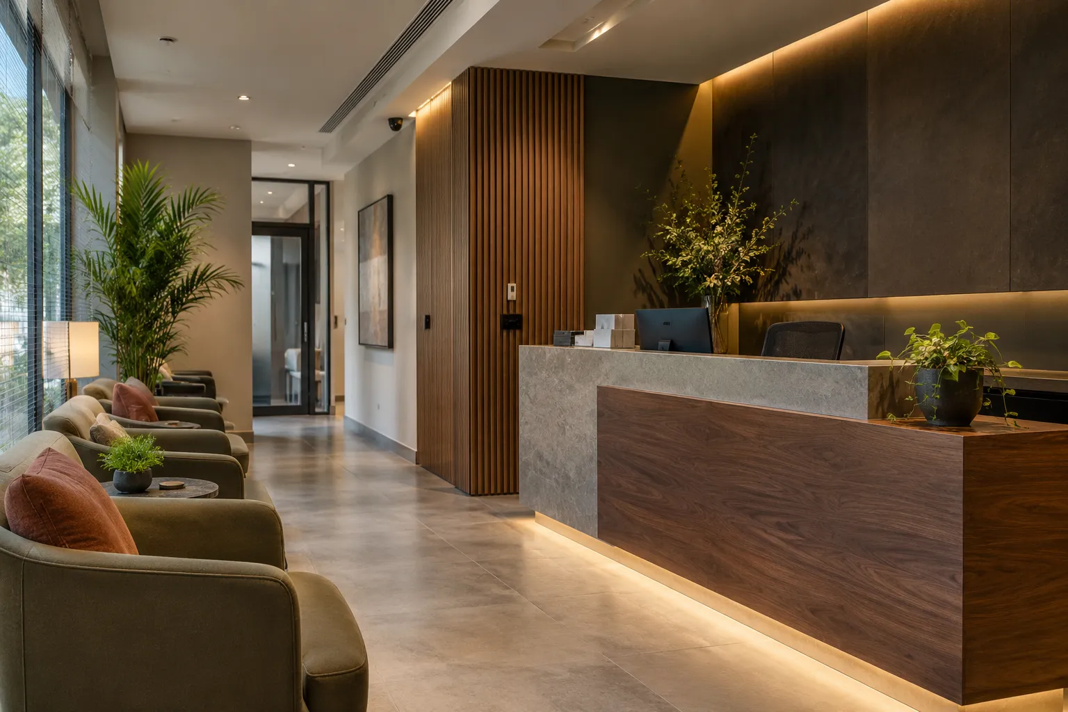 Conceptual visualization of a contemporary wellness clinic reception with warm walnut, stone and charcoal finishes