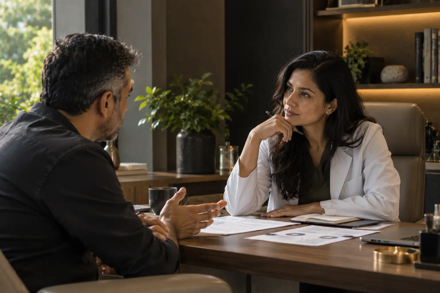 Indian physician listening attentively to a patient during a private consultation