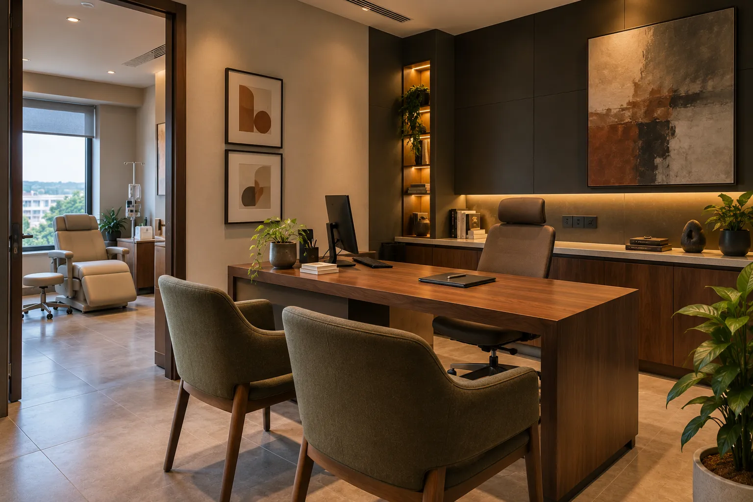 Conceptual visualization of a contemporary private clinic consultation room with walnut furniture and warm neutral finishes