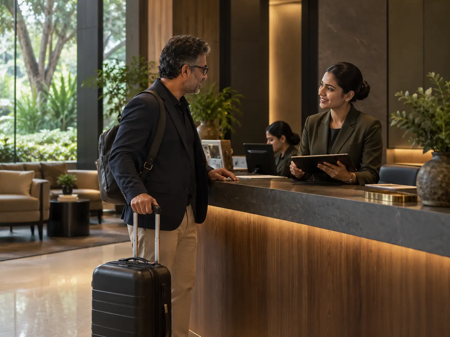 Visitor arriving with a suitcase and being welcomed by a patient-care coordinator at a modern reception