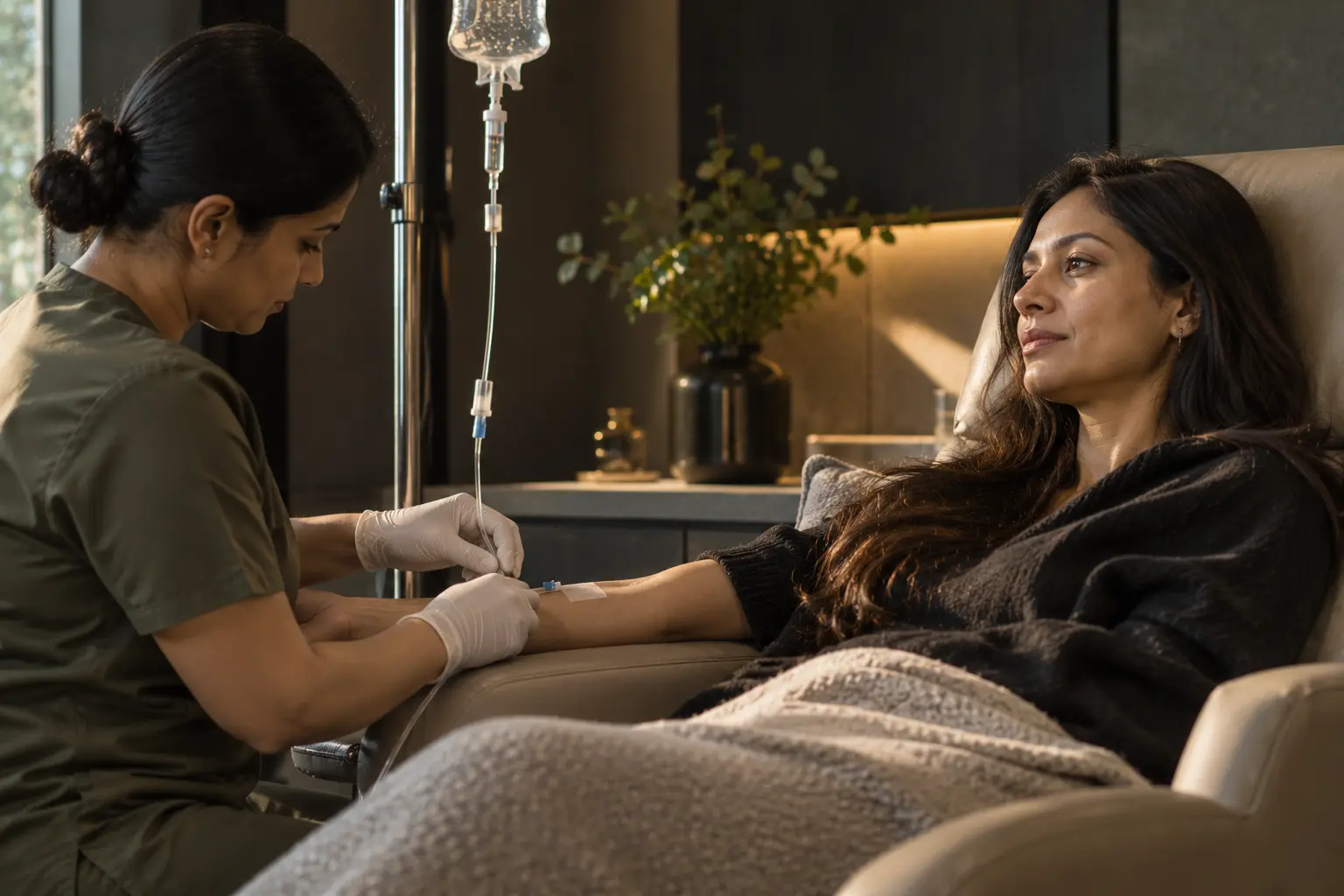 Woman receiving an IV infusion while a clinician checks the treatment setup